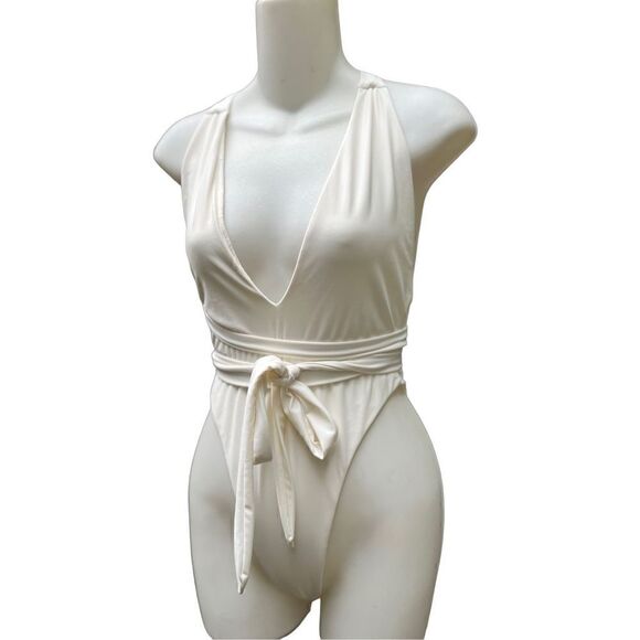 NUDE SWIM DEEP PLUNGE SELF TIE ONE PIECE IVORY CREAM SWIMSUIT NWOT LARGE - Picture 10 of 15